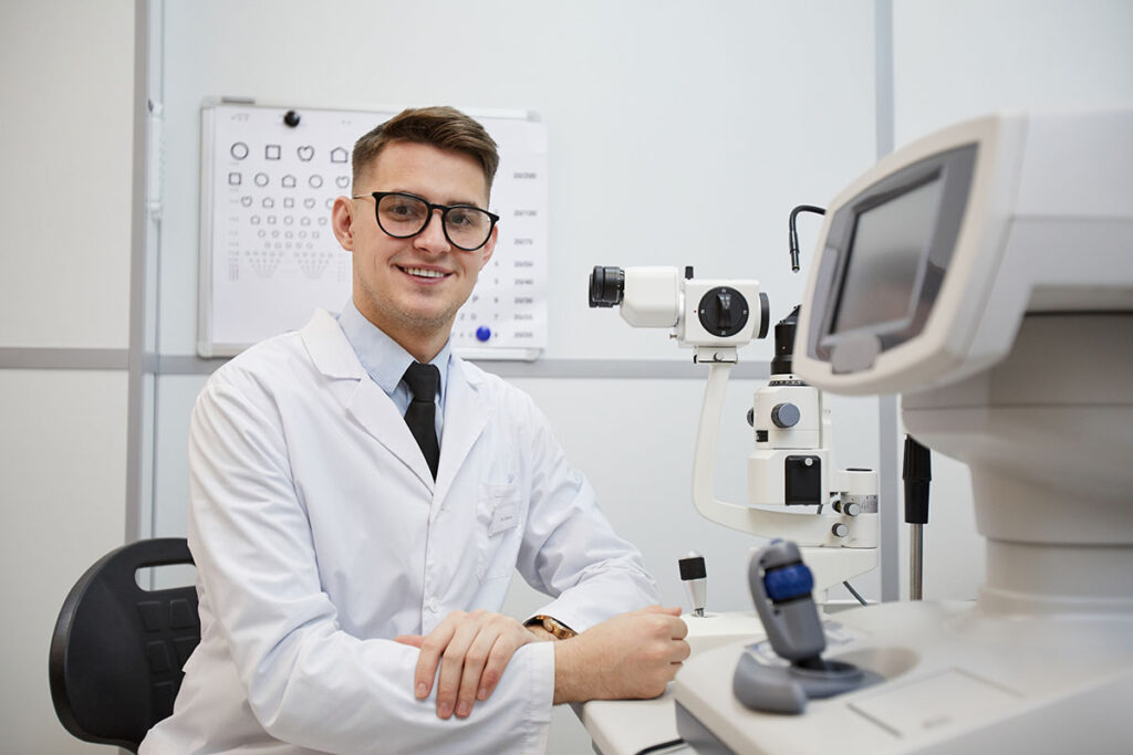 Óptico sonriente en consulta con equipo especializado para exámenes visuales en Óptica Giner.