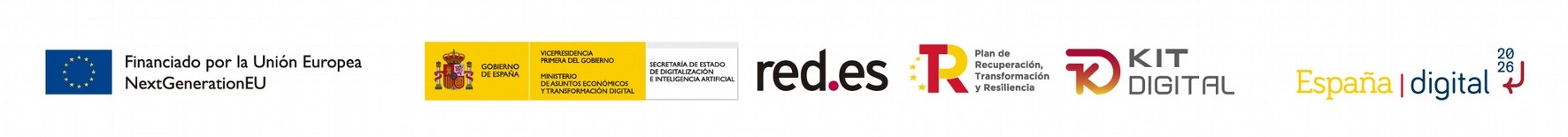 Logos oficiales del programa Kit Digital financiado por la Unión Europea NextGenerationEU, Gobierno de España, Red.es, Plan de Recuperación, Transformación y Resiliencia, y España Digital 2026.